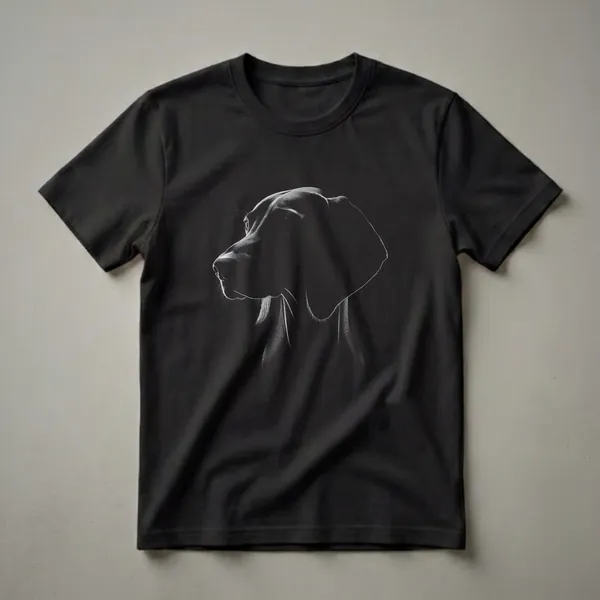 Black and white Vizsla dog profile art t-shirt, showcasing the dog's head in sharp contrast against a dark background, highlighting its ears and facial features.