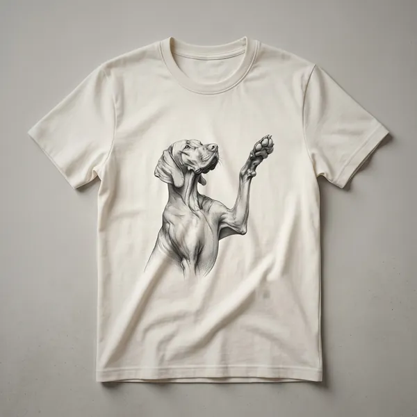 White Vizsla dog raising its paw in a detailed line art illustration on a white t-shirt.