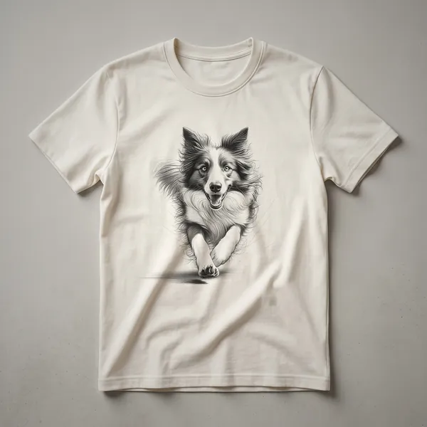 White t-shirt with a distressed graphic of a black and white Border Collie running, designed for dog owners and runners.