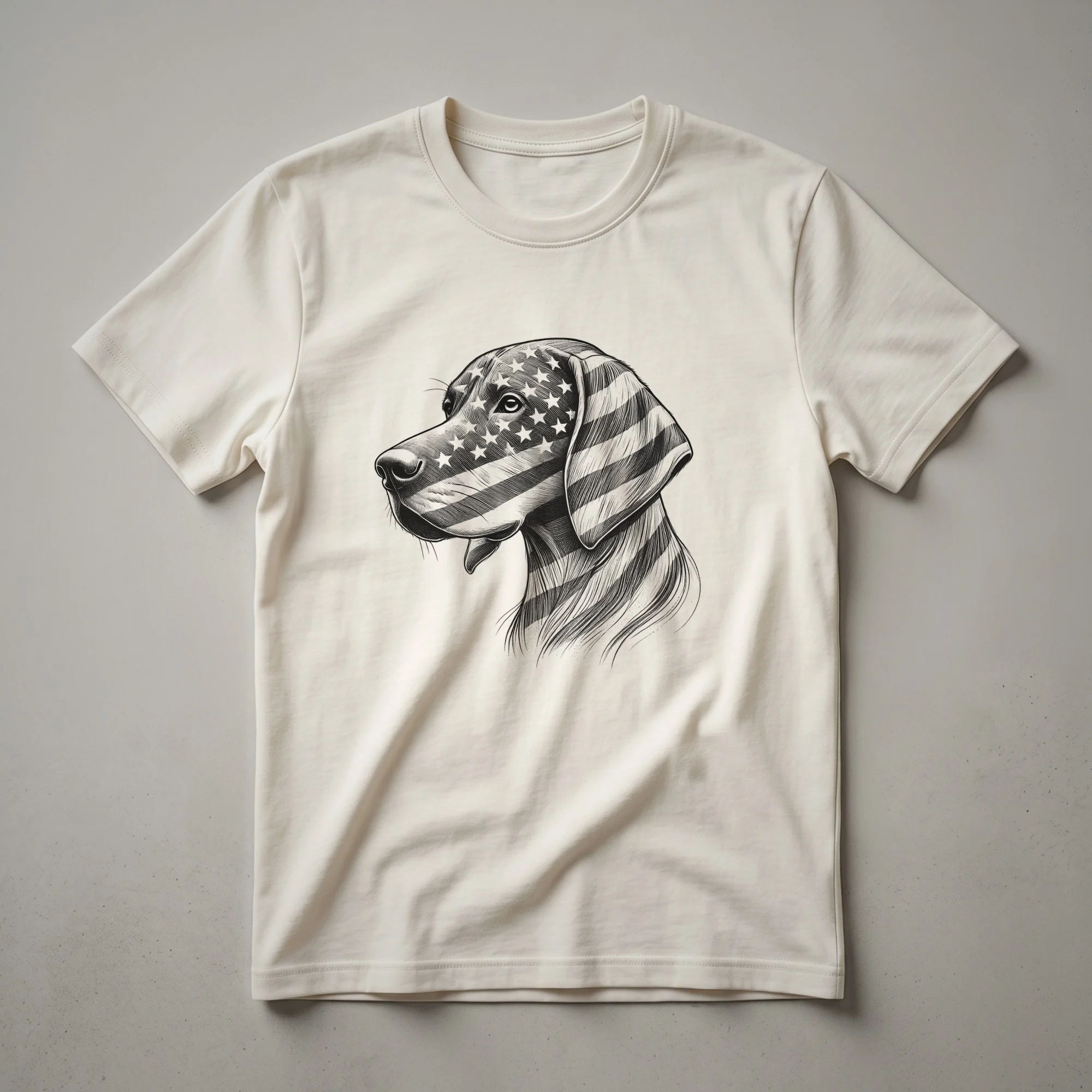 A graphic t-shirt featuring a Vizsla dog wearing sunglasses with an American flag design, perfect for dog owners and 4th of July celebrations.