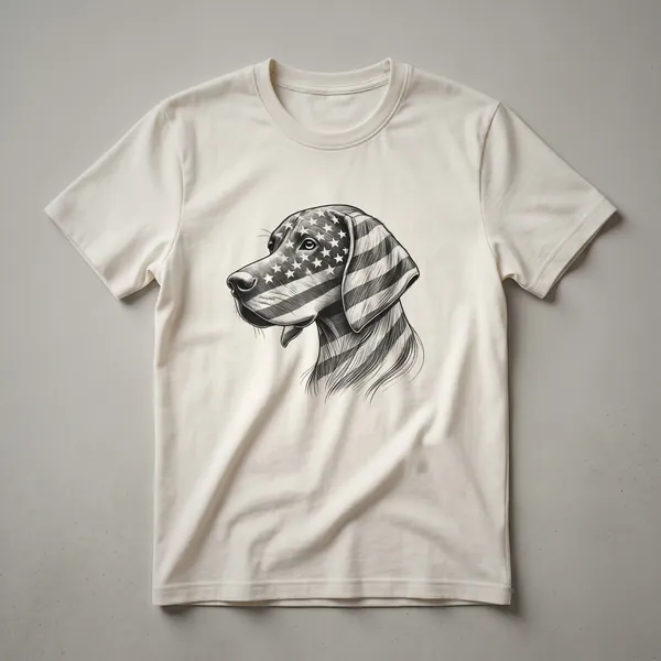 A graphic t-shirt featuring a Vizsla dog wearing sunglasses with an American flag design, perfect for dog owners and 4th of July celebrations.