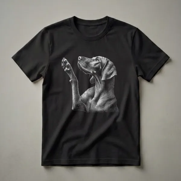 Black and white Vizsla dog graphic t-shirt with a paw raised, detailed scratchboard illustration style.