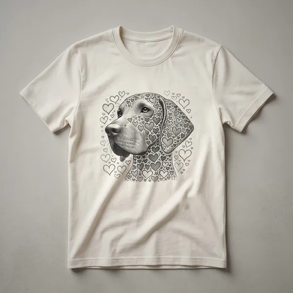 White graphic t-shirt featuring a black Vizsla dog silhouette within a red heart shape, with the text 'Vizsla Love' above.