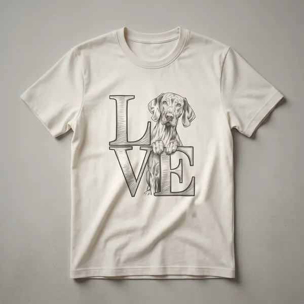 White t-shirt featuring a Vizsla dog's head peeking from behind a colorful floral design with green leaves and pink and yellow flowers.