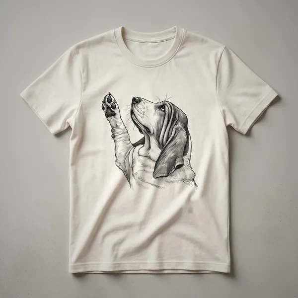 White t-shirt with a graphic of a Basset Hound raising its paw, surrounded by pink and green floral elements.
