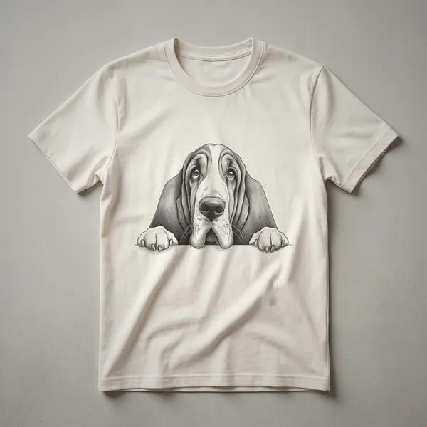 White t-shirt with a graphic of a Basset Hound's face peeking over a colorful floral border.