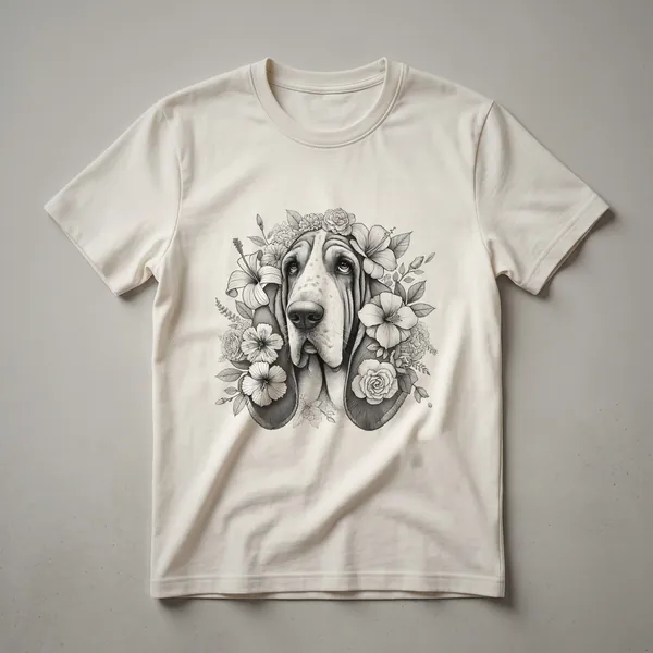 White t-shirt with a graphic of a Basset Hound's head surrounded by colorful flowers in pink, yellow, and green.