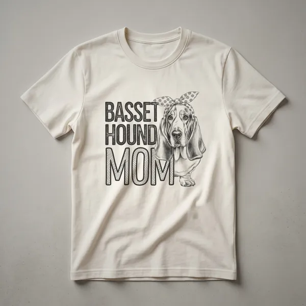 White graphic t-shirt with a Basset Hound face surrounded by colorful flowers and the text 'Basset Hound Mom'.