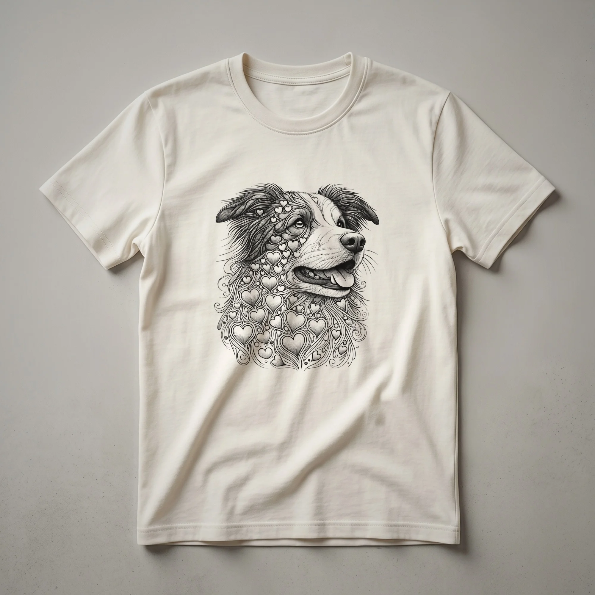 White graphic t-shirt featuring a Border Collie's face inside a heart with the words 'Border Collie Love' above it.