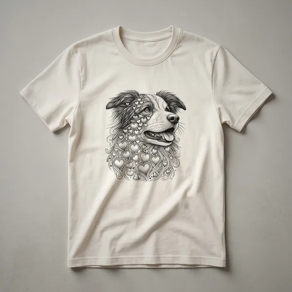 White graphic t-shirt featuring a Border Collie's face inside a heart with the words 'Border Collie Love' above it.