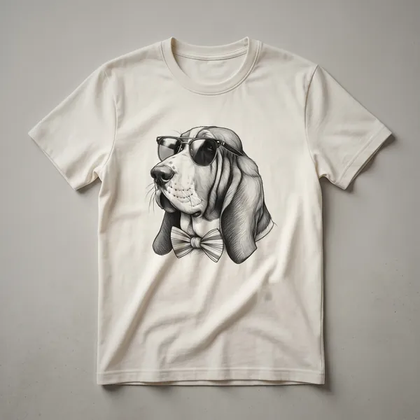 White graphic t-shirt featuring a Basset Hound wearing dark sunglasses, with a patriotic-themed background element.