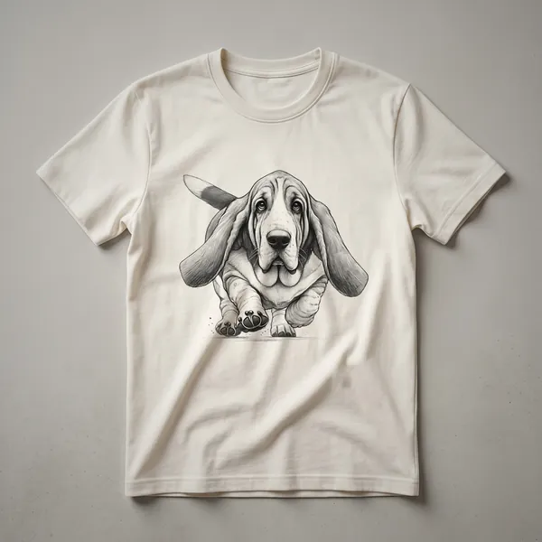 White graphic t-shirt featuring a distressed illustration of a Basset Hound in a running stance.