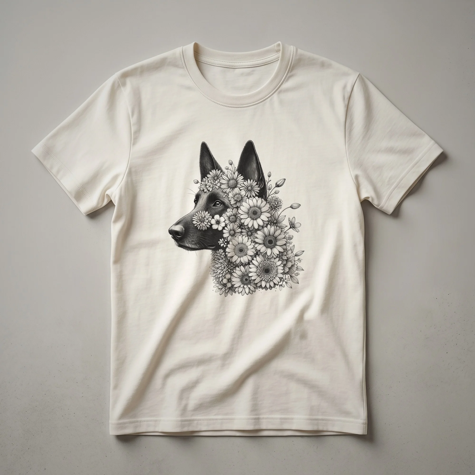 White t-shirt featuring a graphic of a Belgian Malinois dog's head surrounded by colorful flowers in a painterly style.