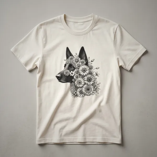 White t-shirt featuring a graphic of a Belgian Malinois dog's head surrounded by colorful flowers in a painterly style.