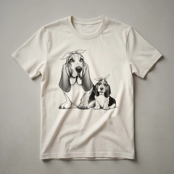 White t-shirt with a graphic of a Basset Hound dog peeking over the bottom edge, showing its face and long ears.