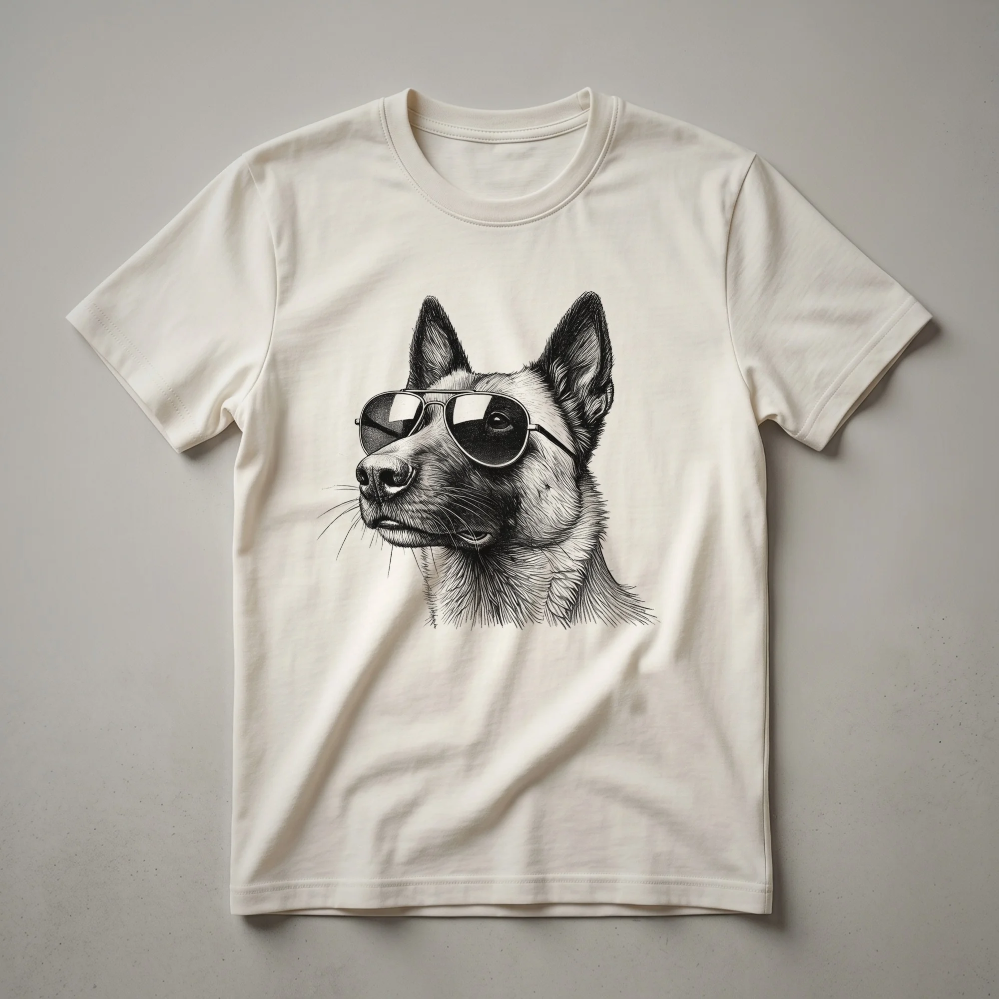 A graphic t-shirt featuring a Belgian Malinois dog wearing dark sunglasses, set against a plain background.