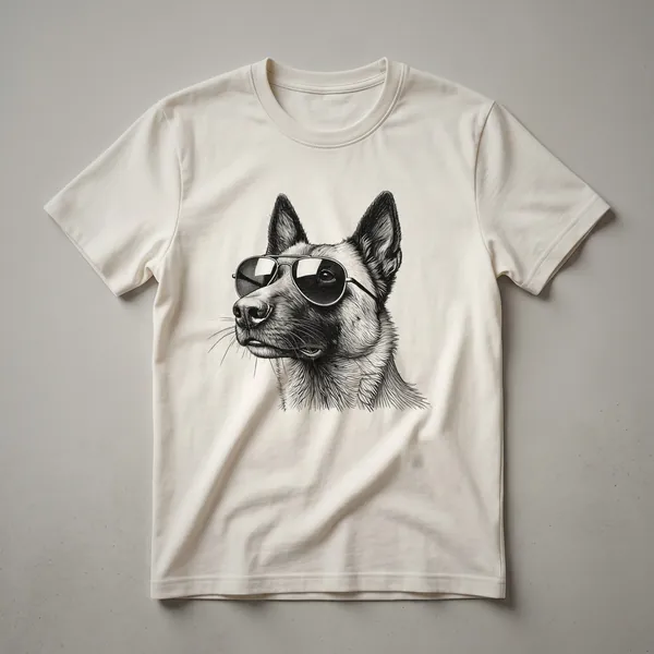 A graphic t-shirt featuring a Belgian Malinois dog wearing dark sunglasses, set against a plain background.