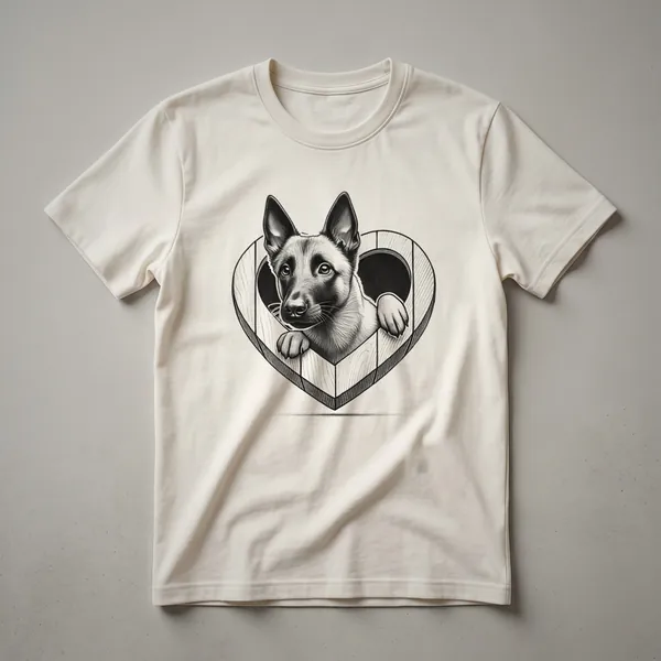 White graphic t-shirt featuring a cartoon Belgian Malinois puppy with a red heart symbol, designed for kids and adults who love dogs.