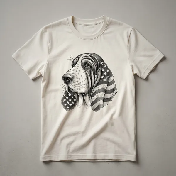 White t-shirt featuring a Basset Hound wearing sunglasses with an American flag pattern, designed for patriotic dog lovers.