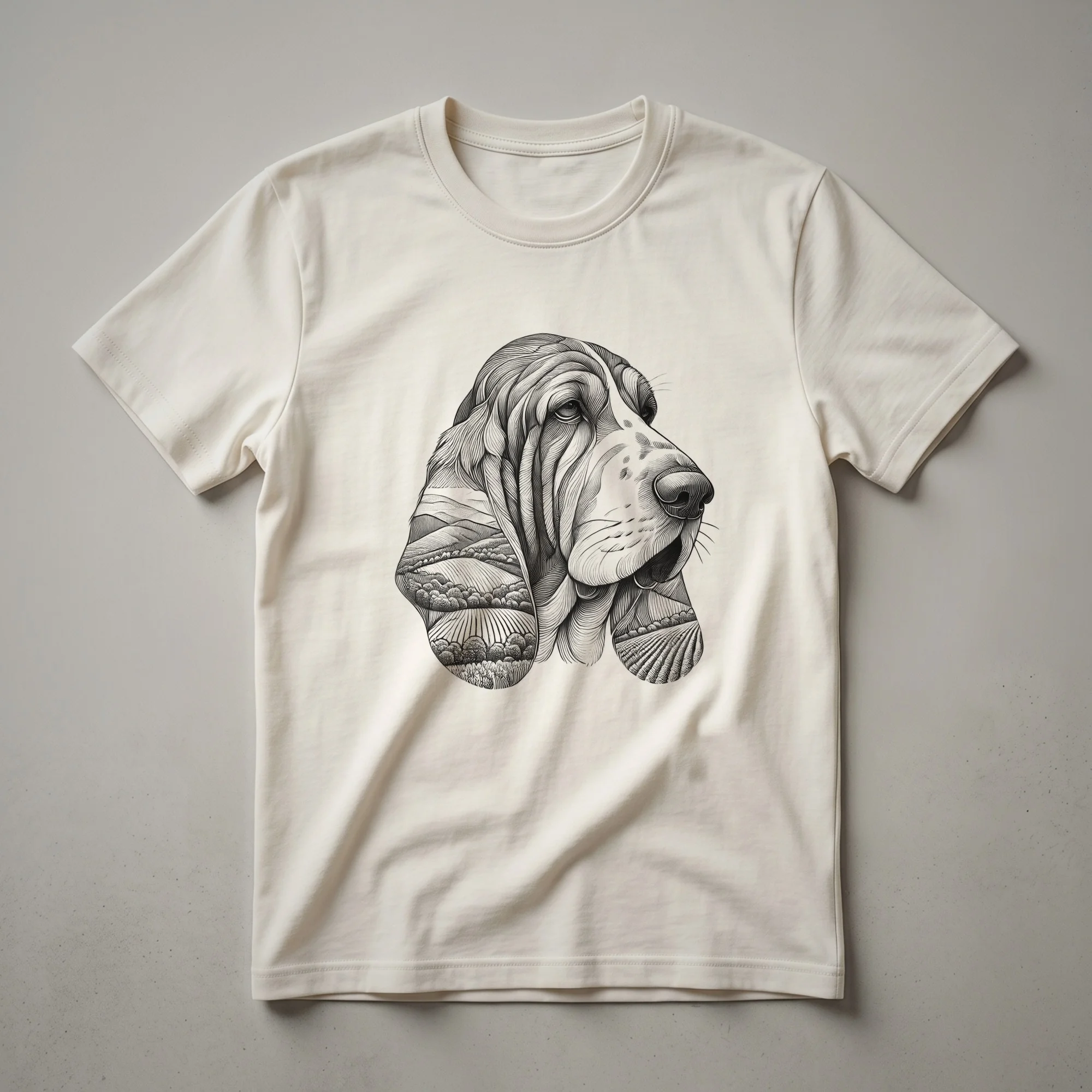 White graphic t-shirt featuring a watercolor illustration of a Basset Hound with floral accents and nature elements.