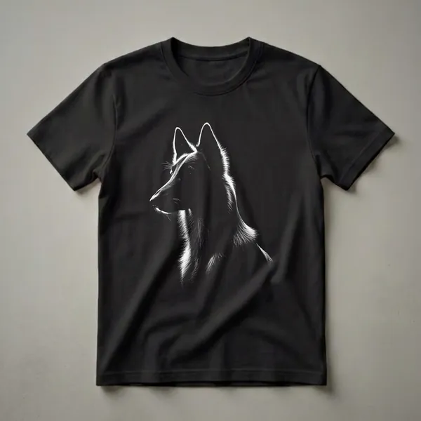 Black and white silhouette graphic t-shirt featuring the profile of a Belgian Malinois dog's head with detailed fur texture.