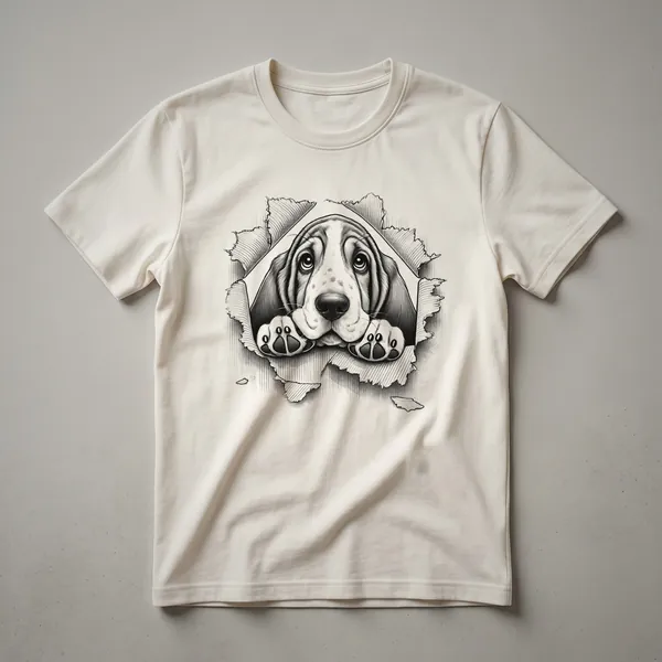 White graphic t-shirt with a Basset Hound dog peeking over a colorful floral border.