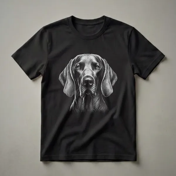 Black and white scratchboard graphic t-shirt featuring the face of a Weimaraner dog with intelligent eyes and floppy ears, set against a black background.
