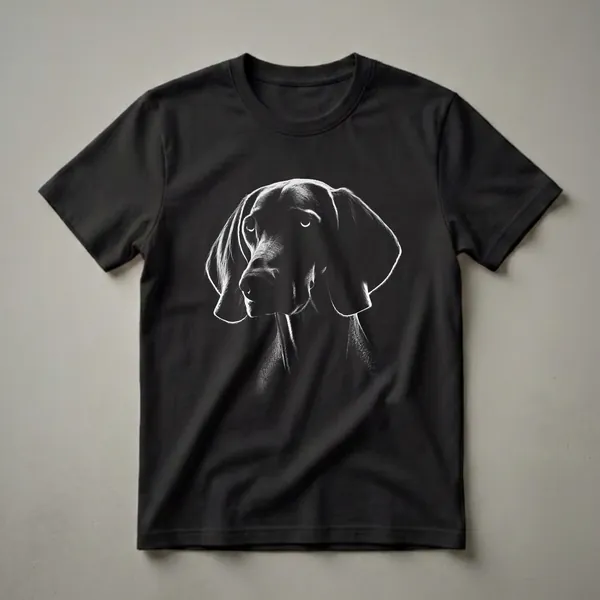 Black and white graphic t-shirt featuring the profile of a Weimaraner dog's head with detailed linework and expressive eyes.