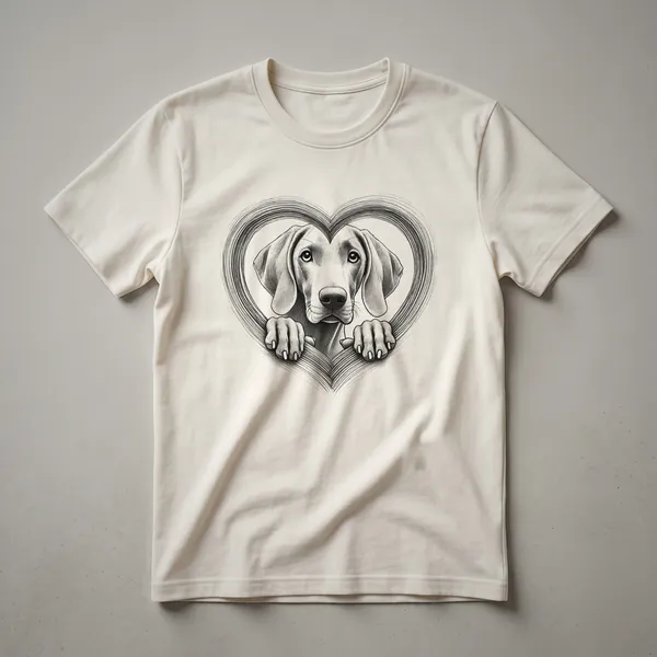 A white t-shirt with a graphic of a peeking Weimaraner dog with a heart symbol, looking out from the collar area.