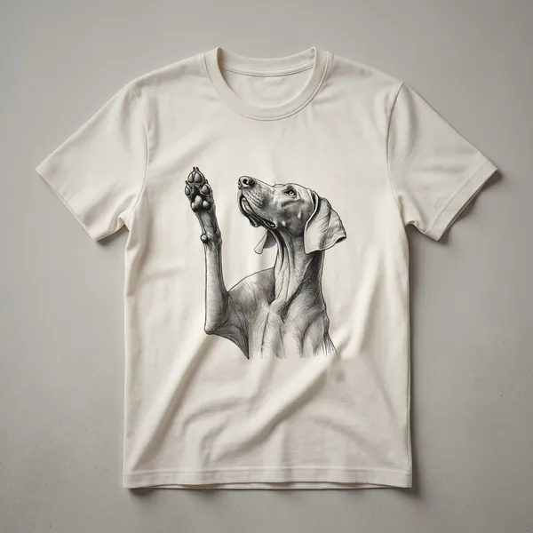 White graphic t-shirt featuring a Weimaraner paw print surrounded by colorful floral elements and the text 'Raising Paw'.