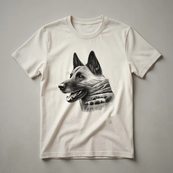 A graphic t-shirt featuring a black silhouette of a Belgian Malinois dog inside a circular floral wreath design, set against a plain background.