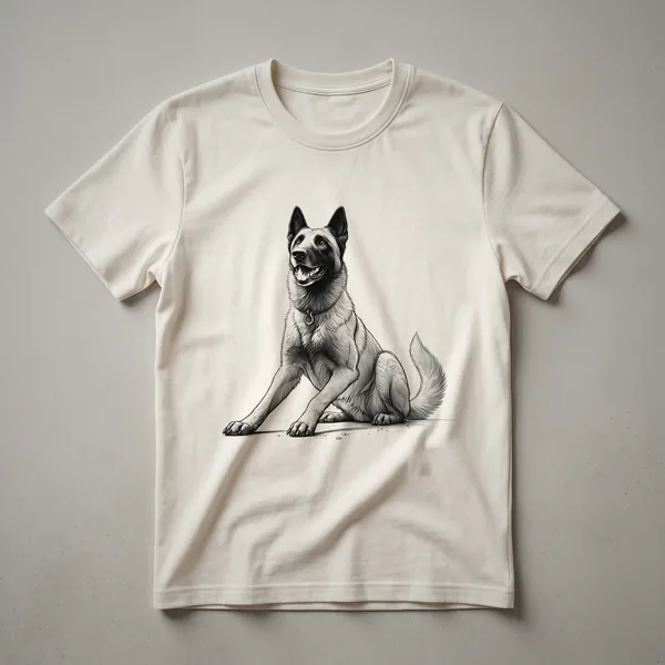A black t-shirt with a graphic design of a Belgian Malinois dog's head in white, featuring a red heart symbol.