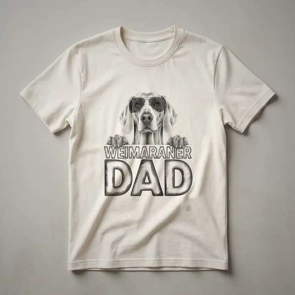 Grey Weimaraner dog silhouette inside a floral wreath with 'Weimaraner Dad' text below, on a black t-shirt.