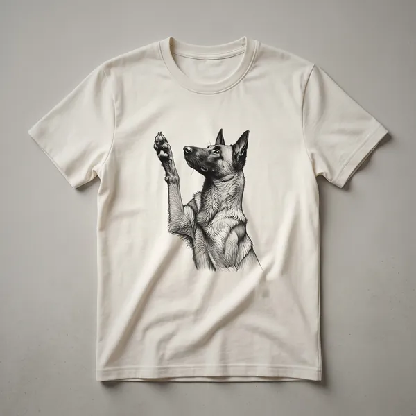 White graphic t-shirt with a floral-accented Belgian Malinois dog and a paw print design.
