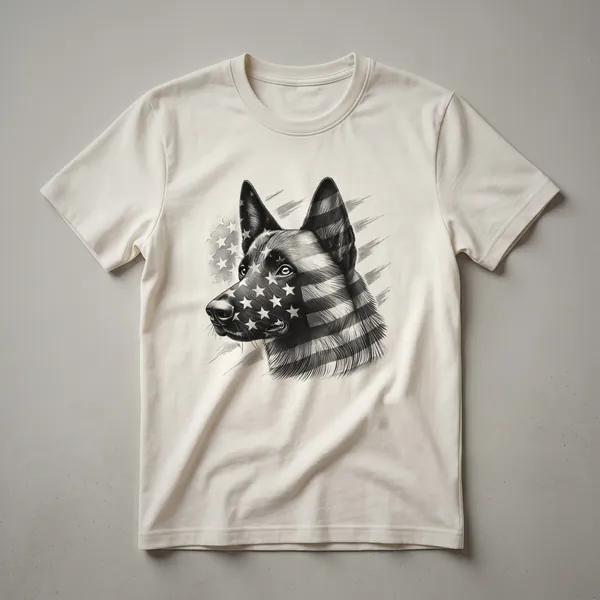White t-shirt featuring a graphic of a Belgian Malinois dog wearing sunglasses with an American flag design on its face.