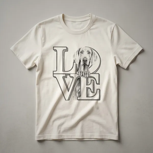A white t-shirt featuring a graphic design of a Weimaraner dog silhouette surrounded by colorful floral elements.