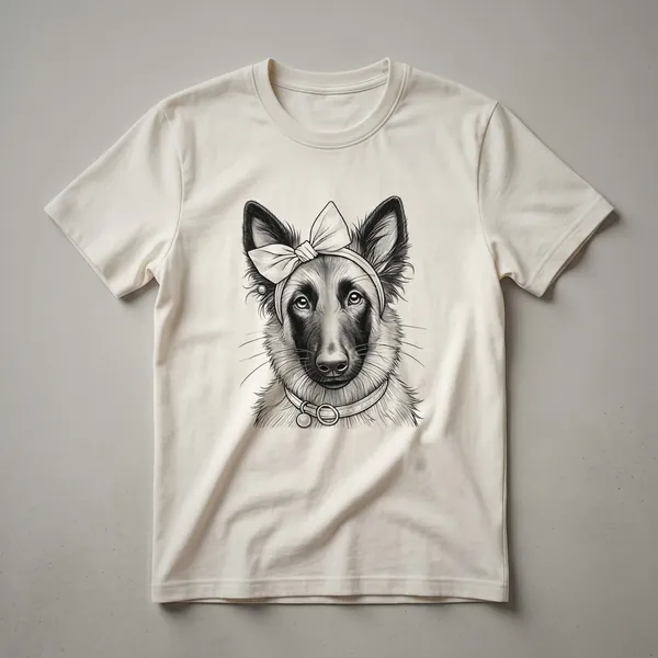 A white graphic t-shirt with a floral Belgian Malinois dog head design, featuring a black dog silhouette with pink and green floral accents.