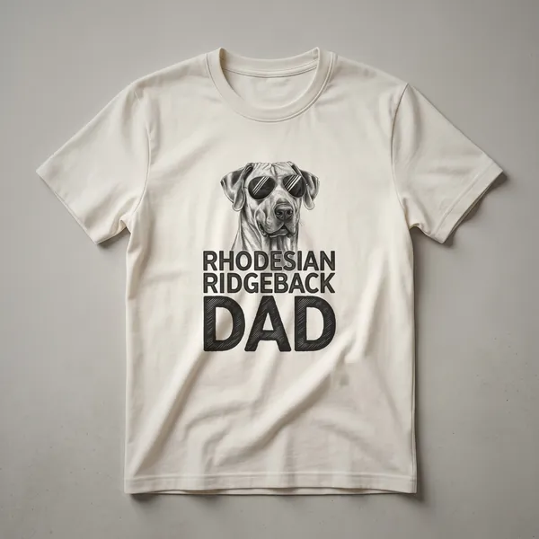A black graphic t-shirt featuring a silhouette of a Rhodesian Ridgeback dog surrounded by colorful floral elements, with the text 'Rhodesian Ridgeback Dad' above.