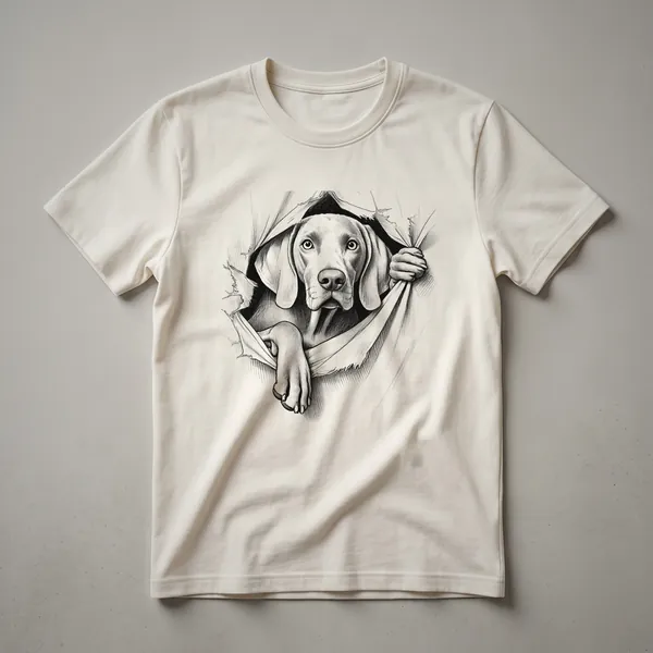 White t-shirt with a graphic of a Weimaraner dog's head and front paws peeking over a colorful floral border.
