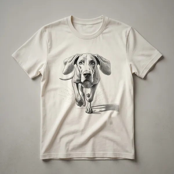 White graphic t-shirt featuring a running Weimaraner dog with a stylized sun and abstract motion lines, designed for dog owners and runners.