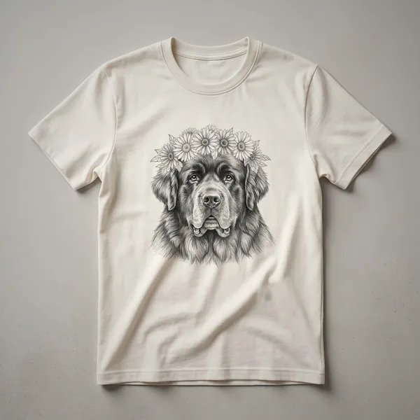 White t-shirt with a graphic of a Newfoundland dog's head surrounded by colorful flowers and green leaves.