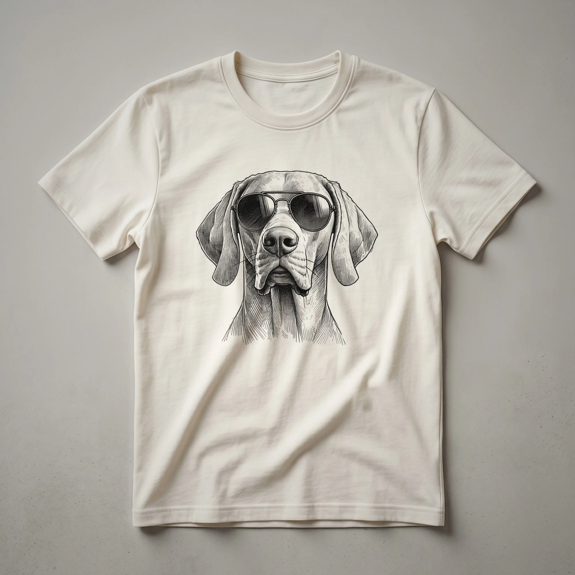 White Weimaraner dog wearing dark sunglasses with a distressed American flag graphic on a white t-shirt.