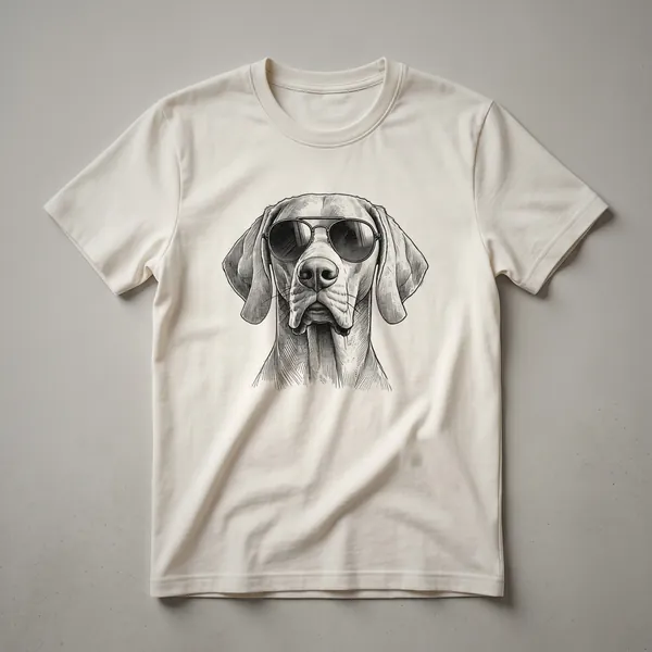 White Weimaraner dog wearing dark sunglasses with a distressed American flag graphic on a white t-shirt.