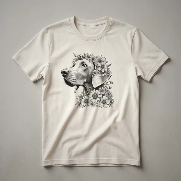 A white graphic t-shirt featuring a stylized Weimaraner dog head with a colorful floral design surrounding it.
