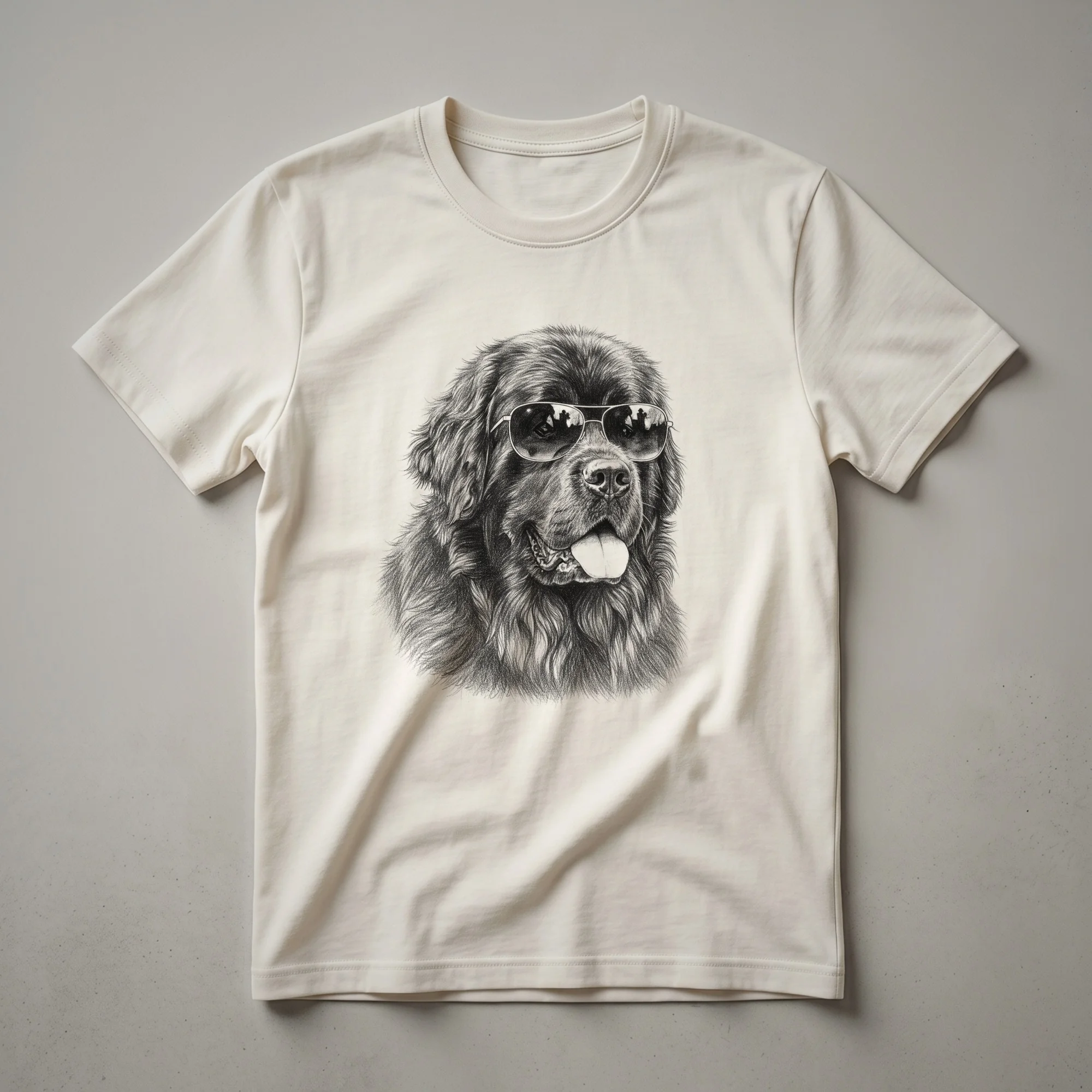 A graphic t-shirt featuring a black Newfoundland dog wearing dark sunglasses, with a subtle patriotic element in the background.