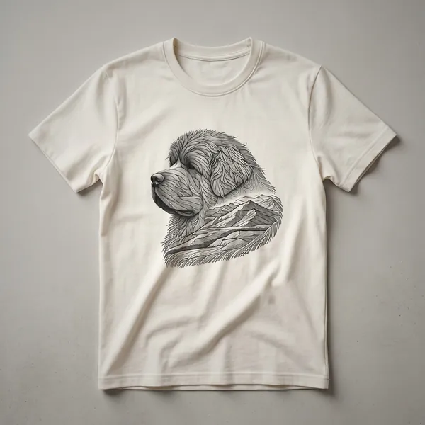 White graphic t-shirt featuring a black silhouette of a Newfoundland dog within a circular floral wreath design.