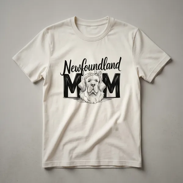 Black t-shirt featuring a floral wreath design with a Newfoundland dog silhouette in the center, designed for dog moms.
