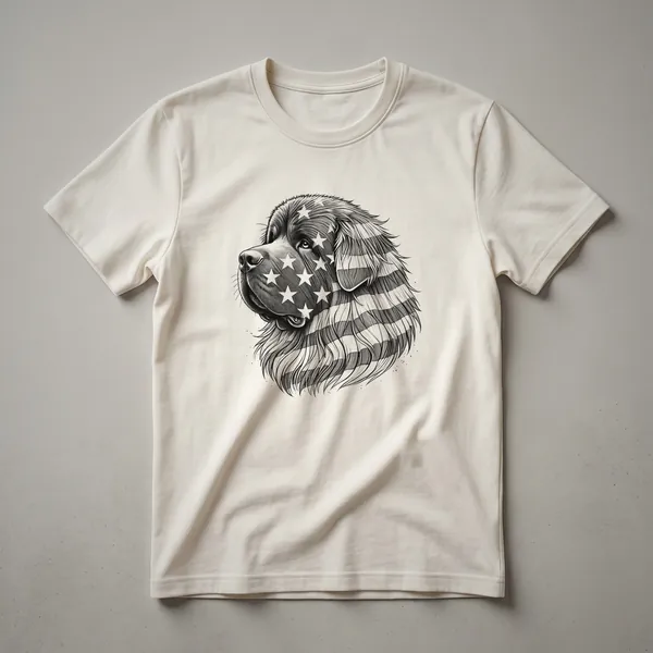 White t-shirt featuring a graphic of a Newfoundland dog wearing sunglasses with an American flag design, set against a distressed American flag background.