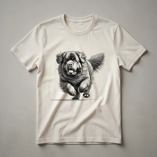 Black t-shirt with a distressed graphic of a running Newfoundland dog in white and grey.