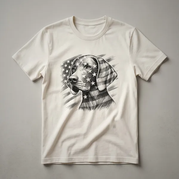 Grey Weimaraner dog wearing dark sunglasses with a faded American flag design in the background, printed on a white t-shirt.